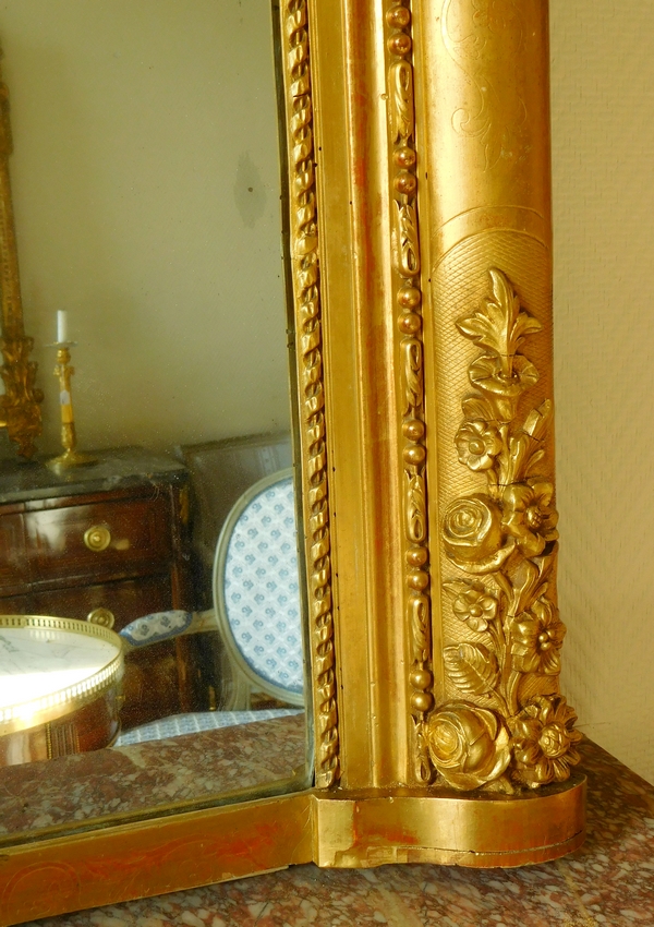 Miroir de cheminée en bois doré, glace au mercure en 2 parties, époque 1840, 110cm x 180cm