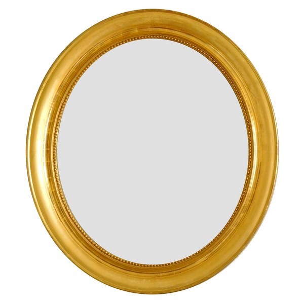 Miroir ovale XIXe en bois doré à la feuille d'or - glace au mercure - 76,5cm x 75cm