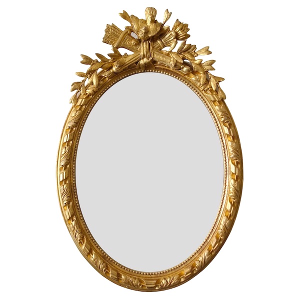 Miroir ovale en bois doré à la feuille d'or d'époque Napoleon III - 81cm x 55cm