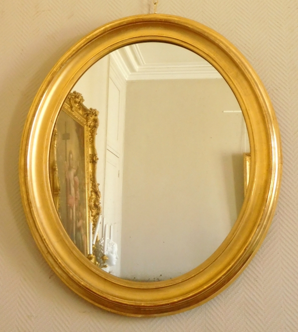 19th century oval mirror, gold leaf gilt frame, mercury glass - 80cm x 67cm