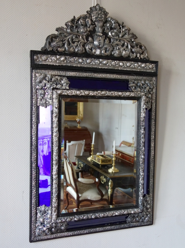 Louis XIV style mirror, blue parecloses, blackened wood & silverplate bronze
