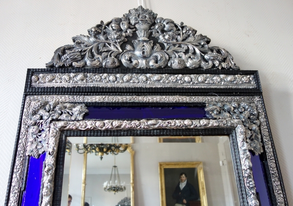 Louis XIV style mirror, blue parecloses, blackened wood & silverplate bronze