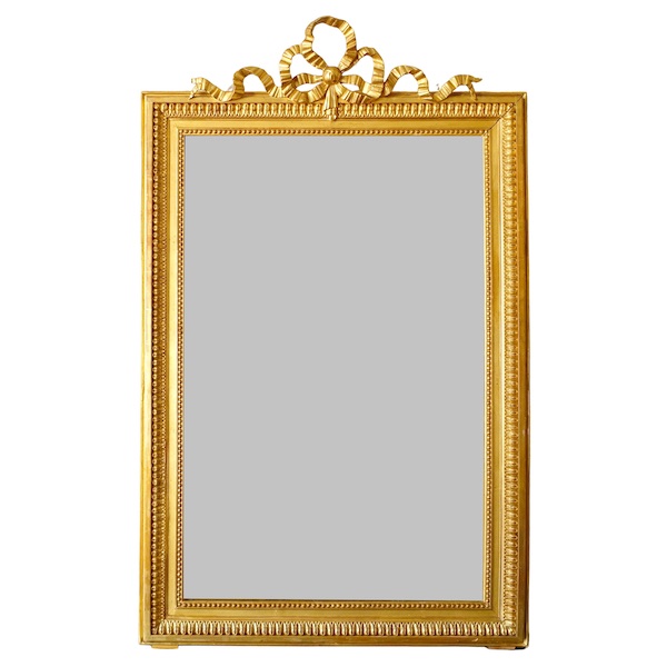 Miroir de cheminée / à suspendre de style Louis XVI en bois doré décor noeud ruban 82cm x 127cm