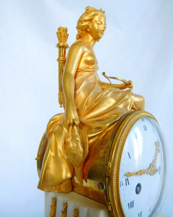 Louis XVI marble and ormolu clock : Roman huntress goddess Diana