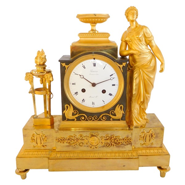 Ravrio : Empire patinated bronze and ormolu clock, mercury gilt, early 19th century - signed