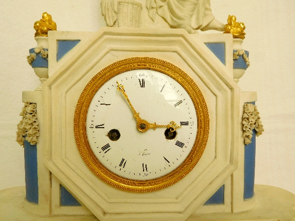 Late 18th century biscuit porcelain & ormolu clock : the spinner - allegory of destiny