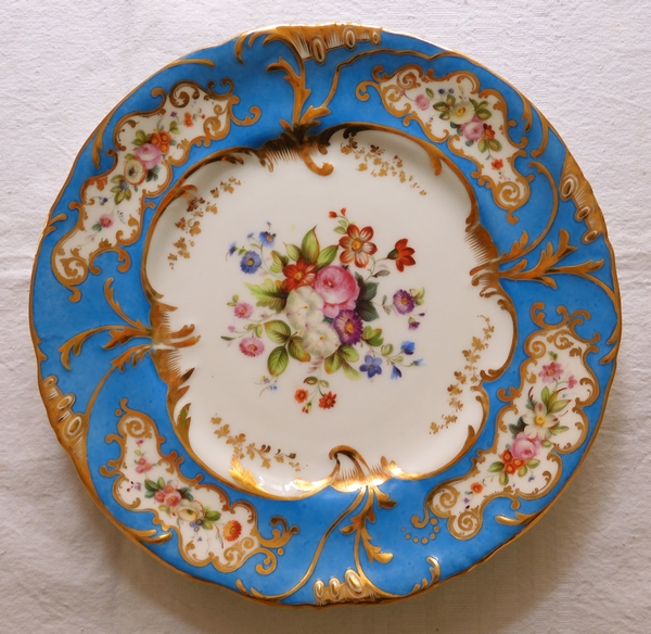 12 porcelain turquoise gilt dessert plates set, Jacob Petit