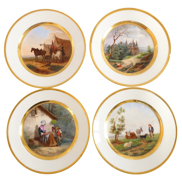 Suite de 4 assiettes à dessert tableaux sur porcelaine de Paris - époque 1840