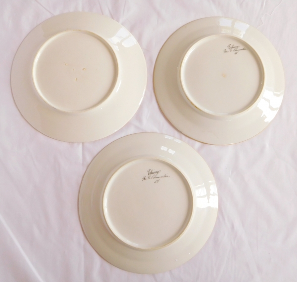 Série de 6 assiettes de table Empire en porcelaine bleue et or, Manufacture Schoelcher