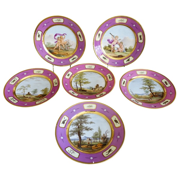Manufacture Halley : suite de 6 assiettes de table en porcelaine dorée d'époque Empire signées