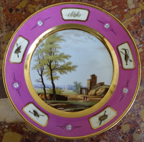 Manufacture Halley : suite de 6 assiettes de table en porcelaine dorée d'époque Empire signées