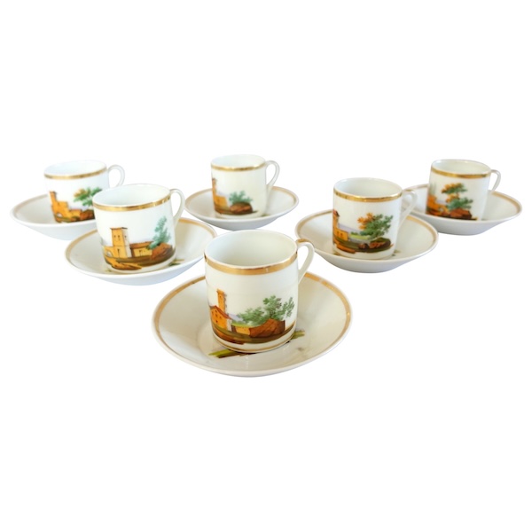 Service à café Empire en porcelaine de Paris dorée à l'or fin et paysages italiens, 6 tasses litron