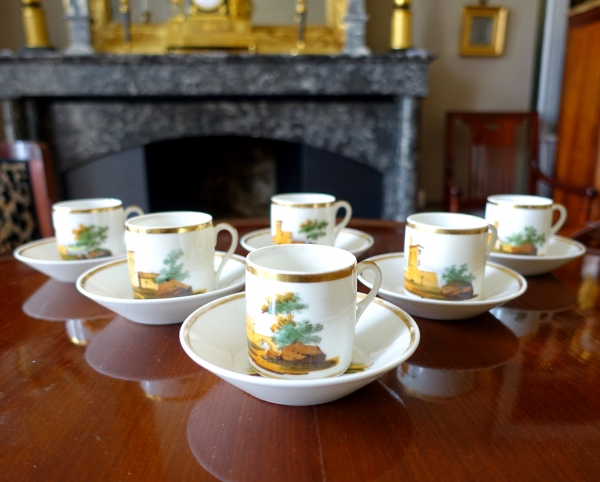 Service à café Empire en porcelaine de Paris dorée à l'or fin et paysages italiens, 6 tasses litron