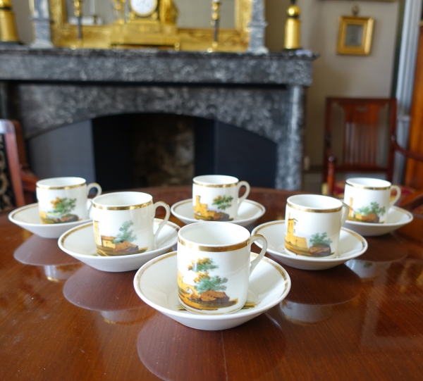 Service à café Empire en porcelaine de Paris dorée à l'or fin et paysages italiens, 6 tasses litron