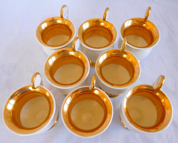 Service à café : 8 tasses Empire à têtes de lion, porcelaine de Paris dorée à l'or fin