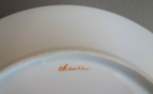 Manufacture Schoelcher : assiette en porcelaine polychrome & or, époque Restauration - signée