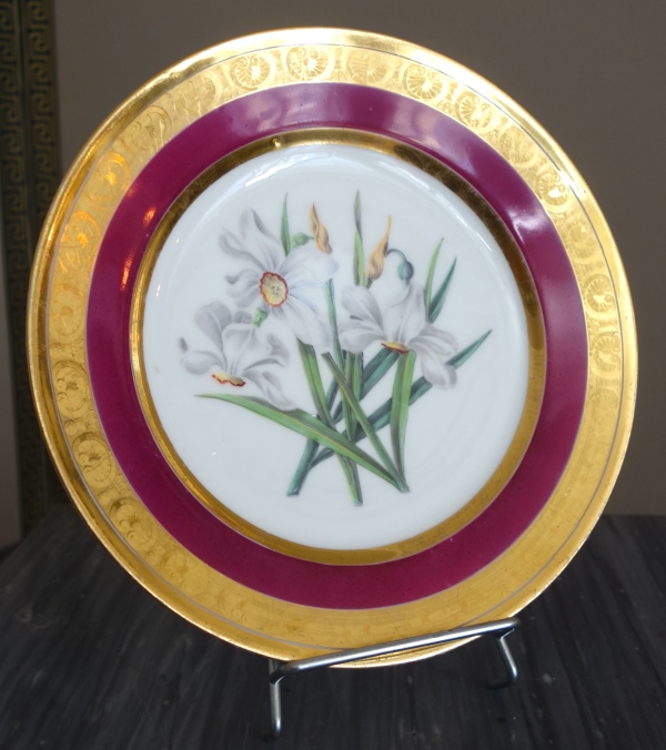 Manufacture Schoelcher : assiette en porcelaine polychrome & or, époque Restauration - signée