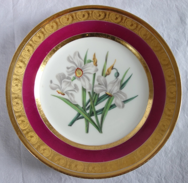 Manufacture Schoelcher : assiette en porcelaine polychrome & or, époque Restauration - signée