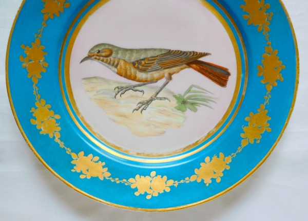 Sevres porcelain plate enhanced with fine gold, polychrom bird decoration, 1867 - 19th century