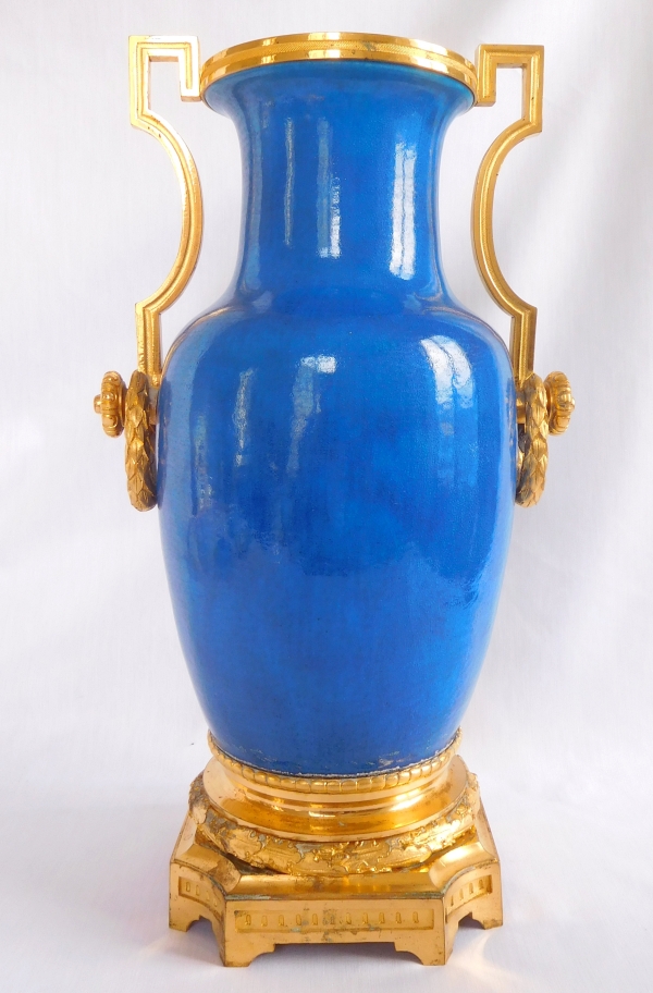 Tall ornamental Louis XVI style turquoise porcelain and ormolu vase, 19th century production