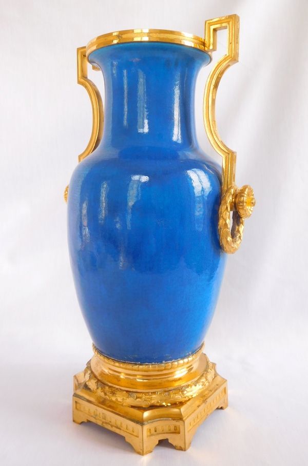 Tall ornamental Louis XVI style turquoise porcelain and ormolu vase, 19th century production