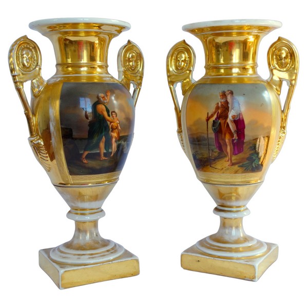 Pair of tall Empire Paris porcelain vases, early 19th century - 32cm