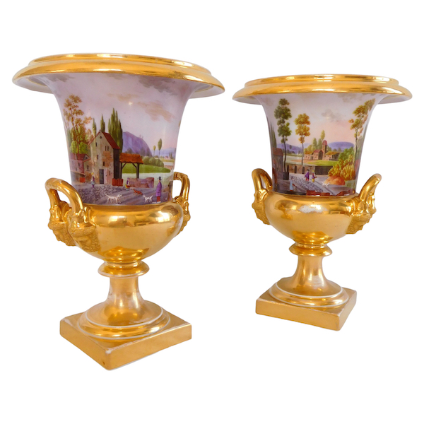 Schoelcher manufacture : pair of tall Empire Medicis vases signed - 27cm