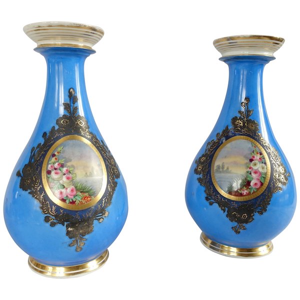 Pair of tall polychromatic Paris porcelain vases, Napoleon III period - 33cm