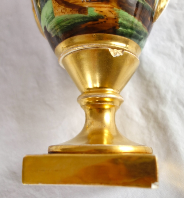 Pair of Empire Paris porcelain vases, biscuit handles, polychromatic landscapes