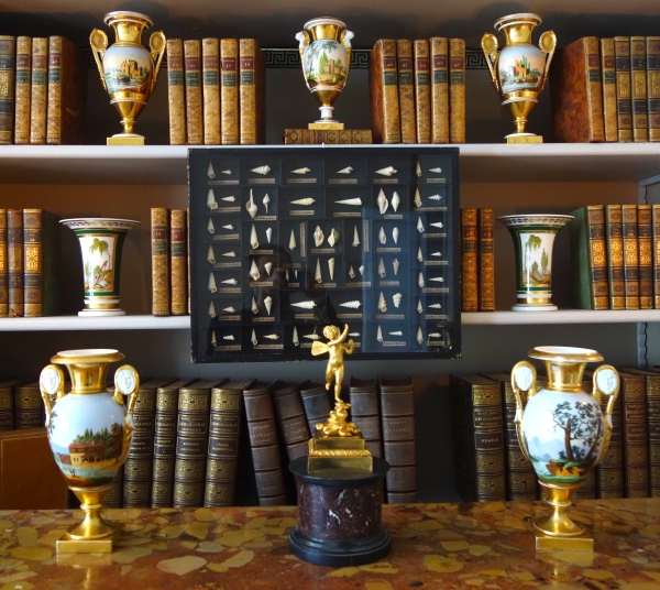 Pair of Empire Paris porcelain vases, biscuit handles, polychromatic landscapes