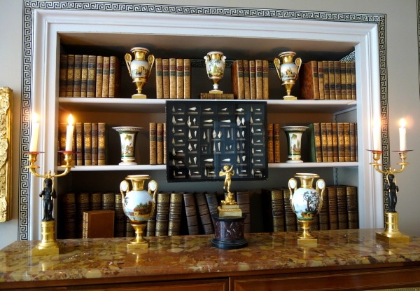 Pair of Empire Paris porcelain vases, biscuit handles, polychromatic landscapes