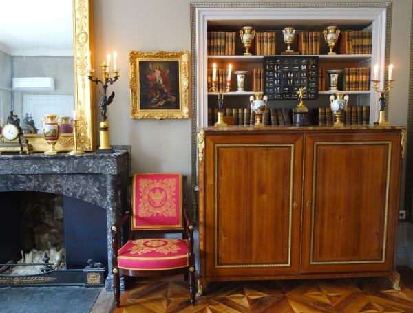 Pair of Empire Paris porcelain vases, biscuit handles, polychromatic landscapes