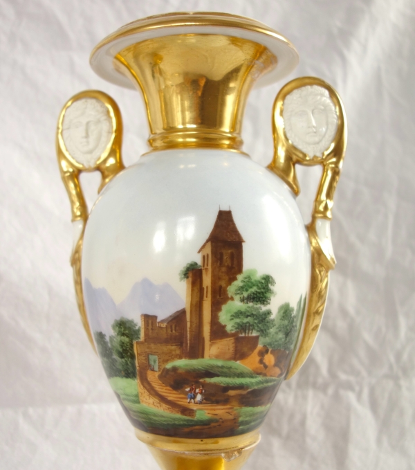 Pair of Empire Paris porcelain vases, biscuit handles, polychromatic landscapes