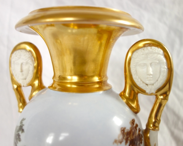 Pair of Empire Paris porcelain vases, biscuit handles, polychromatic landscapes