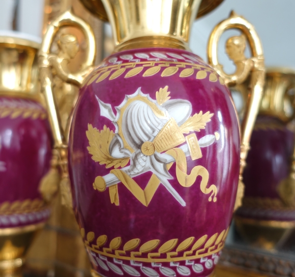 Pair of Empire Paris porcelain vases, polychromatic and gilt decoration - early 19th century