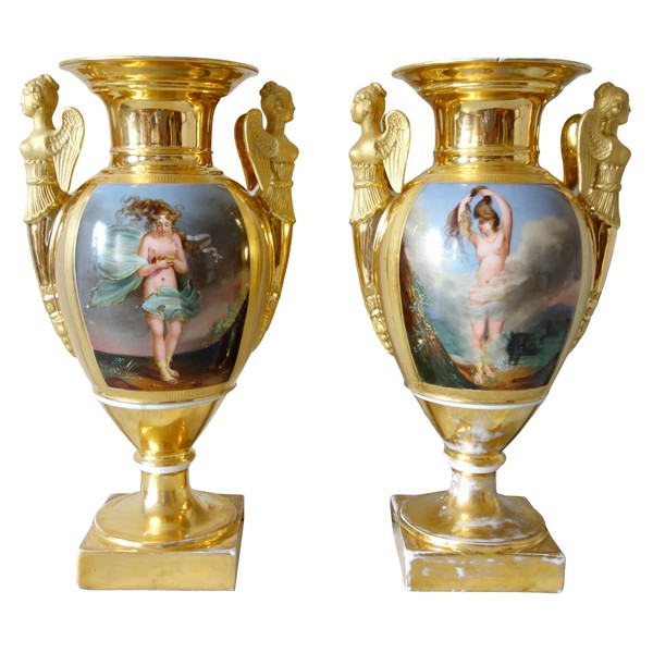 Paire de grands vases en porcelaine d'époque Empire - allégories de l'air et de l'eau - 38,5cm