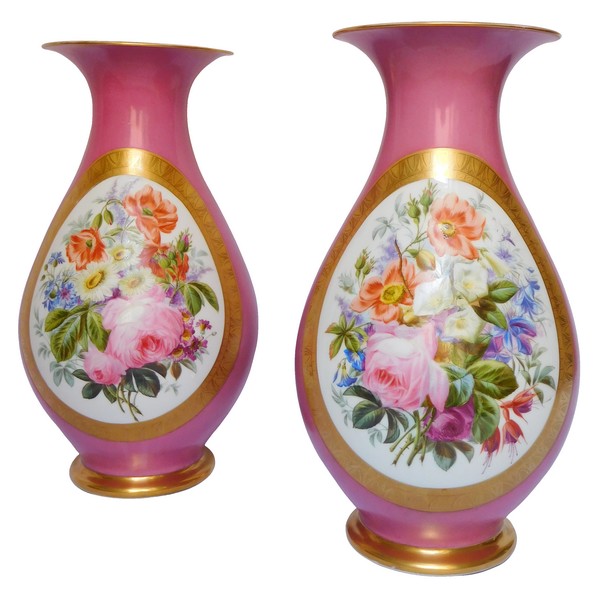 Pair of tall Paris porcelain potiches / vases, Napoleon III production - 38cm