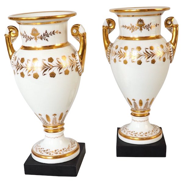 Sevres Manufacture : pair of tall porcelain vases enhanced with fine gold, marble base