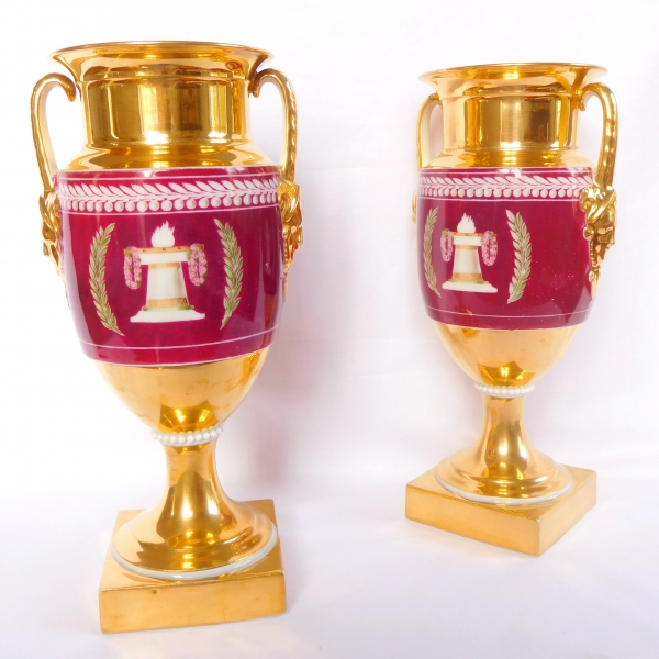 Pair of Empire style Paris porcelain vases, gilt and polychrome decoration - early 19th century