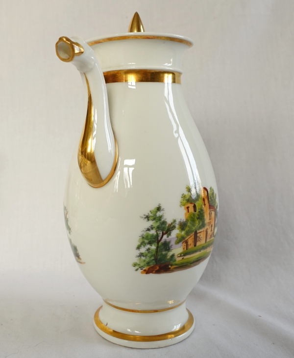 Service à café Empire en porcelaine de Paris dorée à l'or fin & paysages italiens - vers 1820