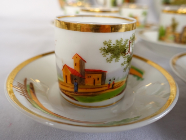 Service à café Empire en porcelaine de Paris dorée à l'or fin & paysages italiens - vers 1820