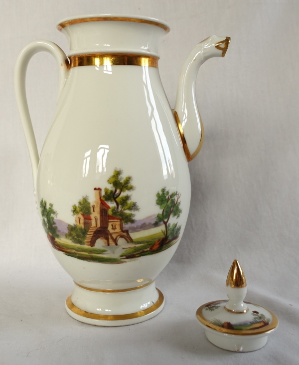 Service à café Empire en porcelaine de Paris dorée à l'or fin & paysages italiens - vers 1820