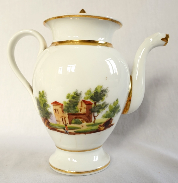 Service à café Empire en porcelaine de Paris dorée à l'or fin & paysages italiens - vers 1820