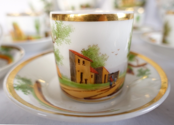 Service à café Empire en porcelaine de Paris dorée à l'or fin & paysages italiens - vers 1820