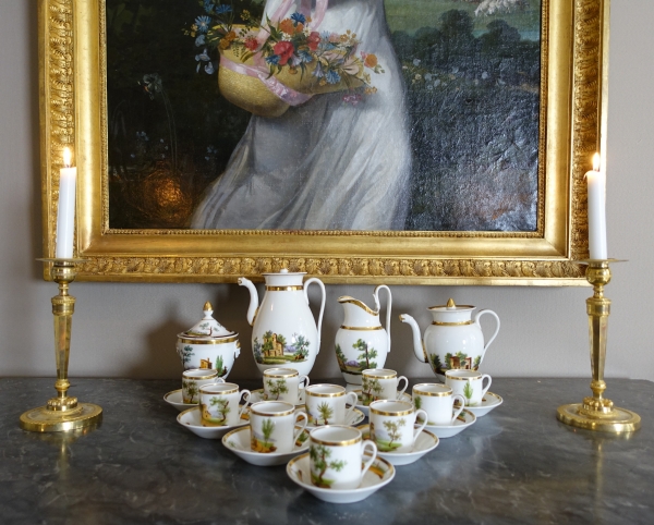 Service à café Empire en porcelaine de Paris dorée à l'or fin & paysages italiens - vers 1820