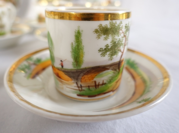 Service à café Empire en porcelaine de Paris dorée à l'or fin & paysages italiens - vers 1820