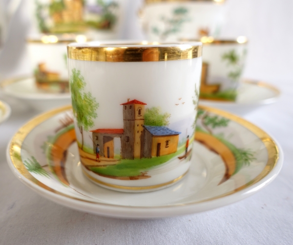 Service à café Empire en porcelaine de Paris dorée à l'or fin & paysages italiens - vers 1820