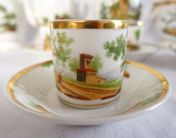 Service à café Empire en porcelaine de Paris dorée à l'or fin & paysages italiens - vers 1820