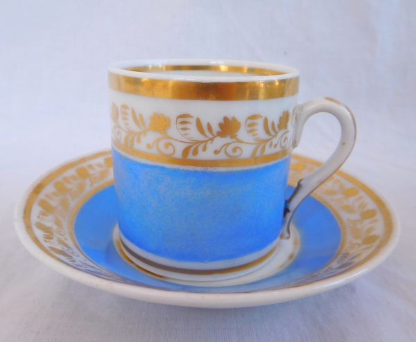 Service à café d'époque Empire en porcelaine de Paris bleue et or - 10 pièces