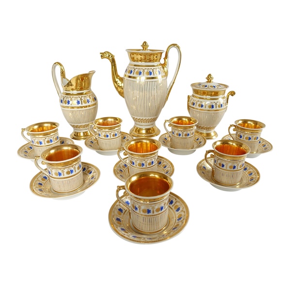 Service à café complet pour 8, porcelaine dorée et bleue, époque Empire Restauration - 11 pièces